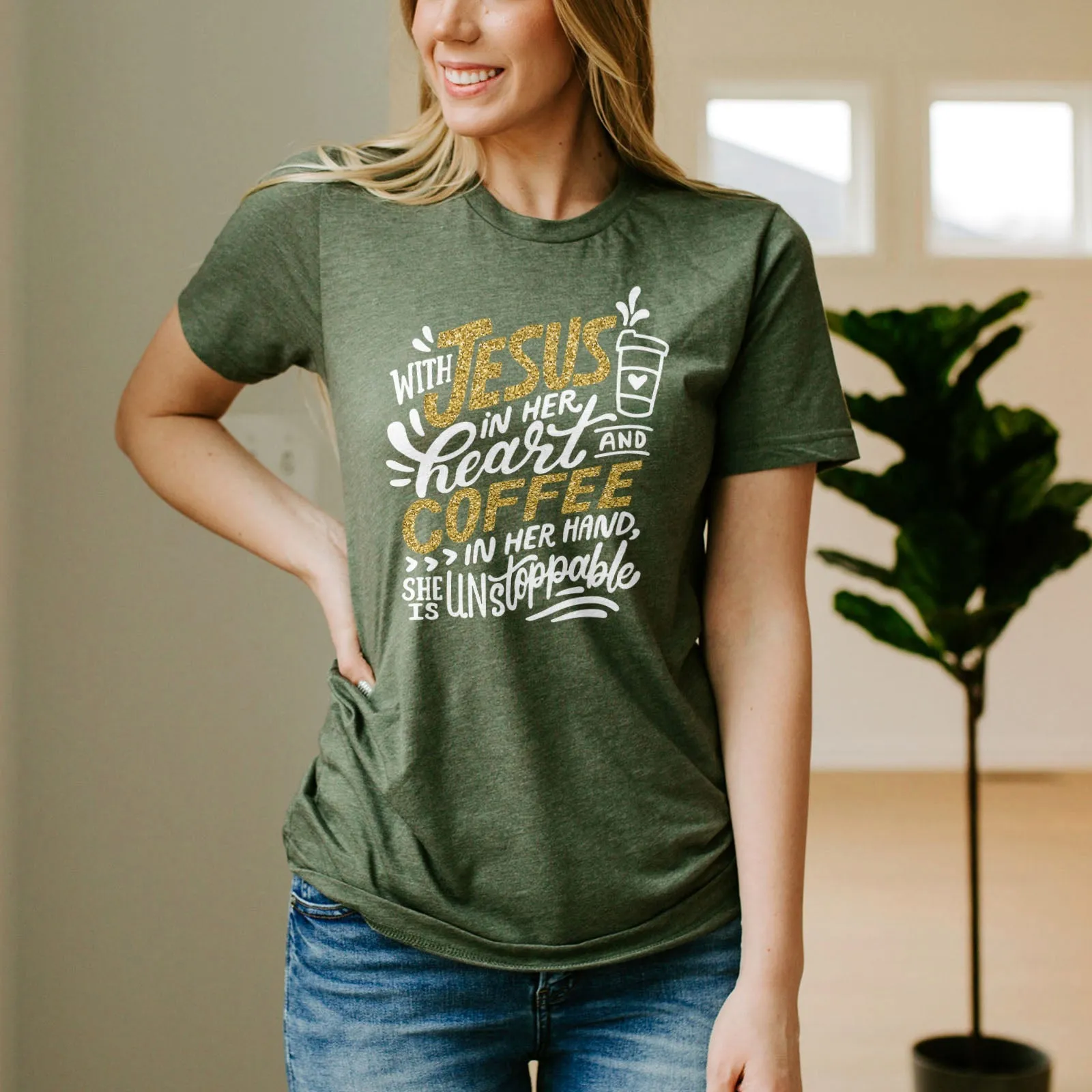 Jesus And Coffee Sparkle Tee Shirts For Women - Christian Shirts for Women - Religious Tee Shirts