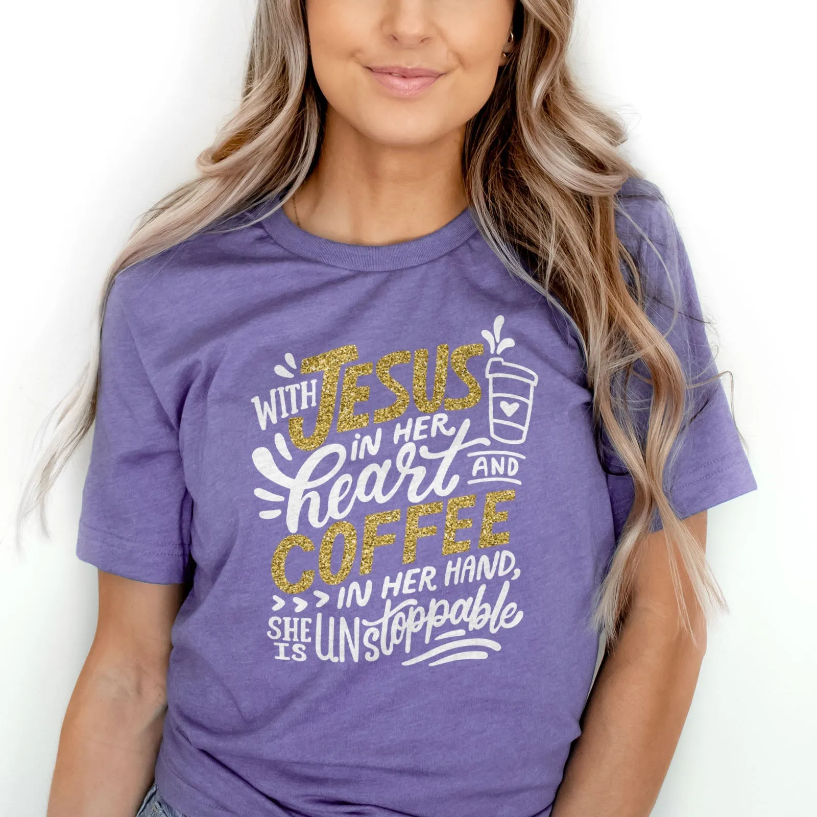 Jesus And Coffee Sparkle Tee Shirts For Women - Christian Shirts for Women - Religious Tee Shirts