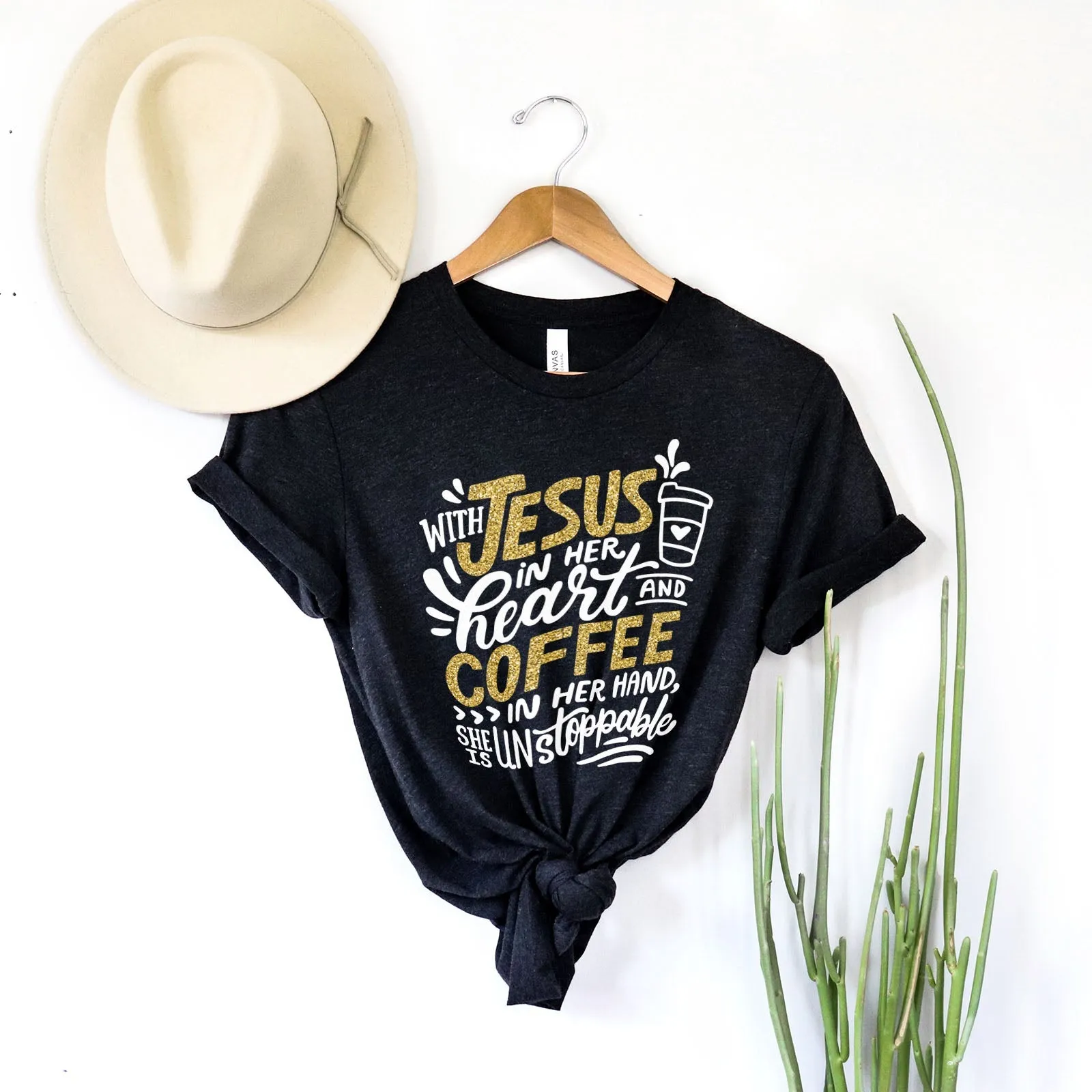 Jesus And Coffee Sparkle Tee Shirts For Women - Christian Shirts for Women - Religious Tee Shirts