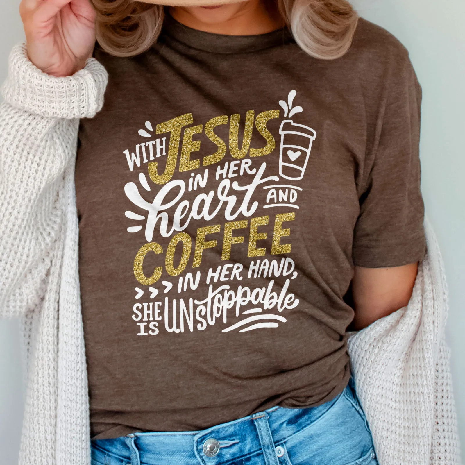 Jesus And Coffee Sparkle Tee Shirts For Women - Christian Shirts for Women - Religious Tee Shirts