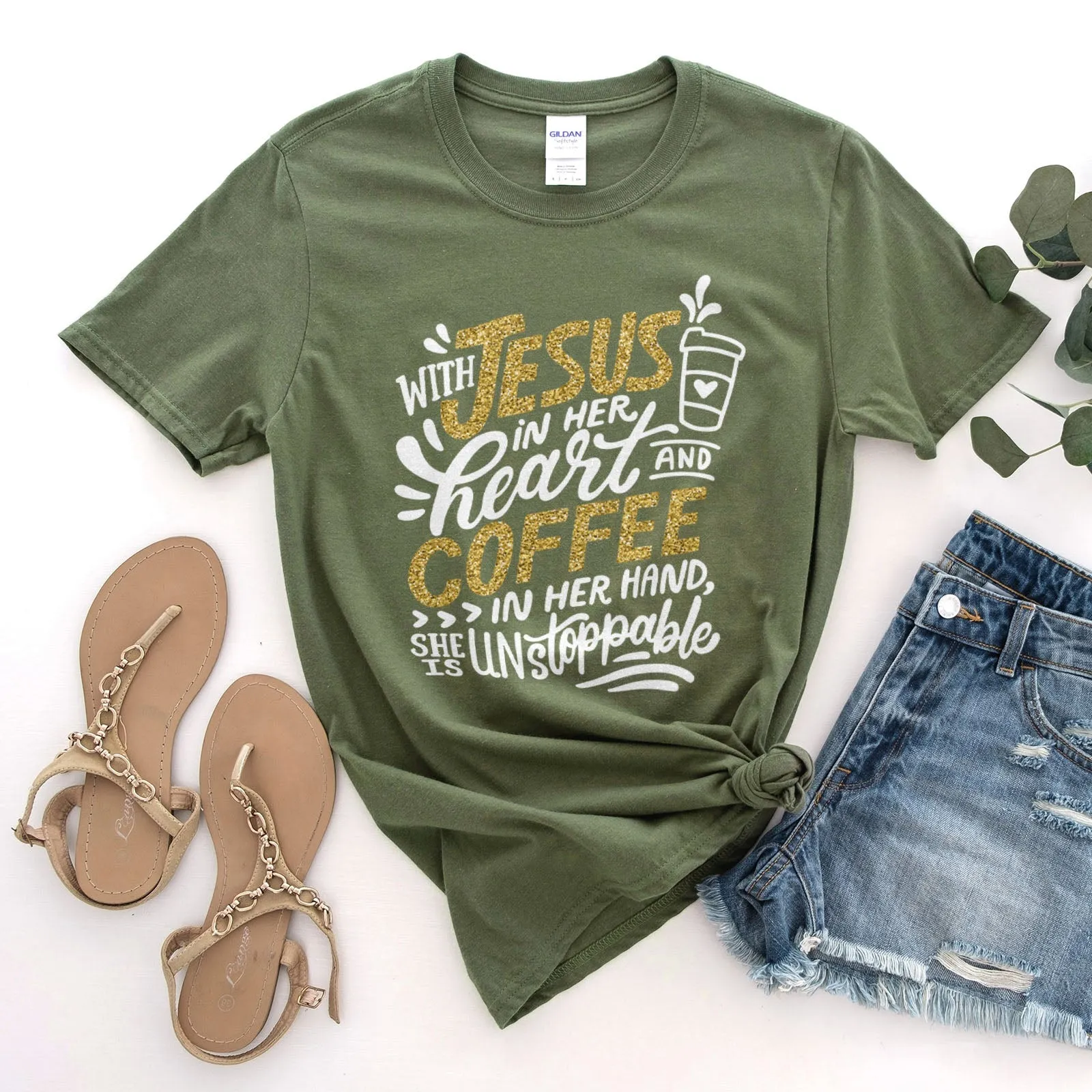 Jesus And Coffee Sparkle Tee Shirts For Women - Christian Shirts for Women - Religious Tee Shirts