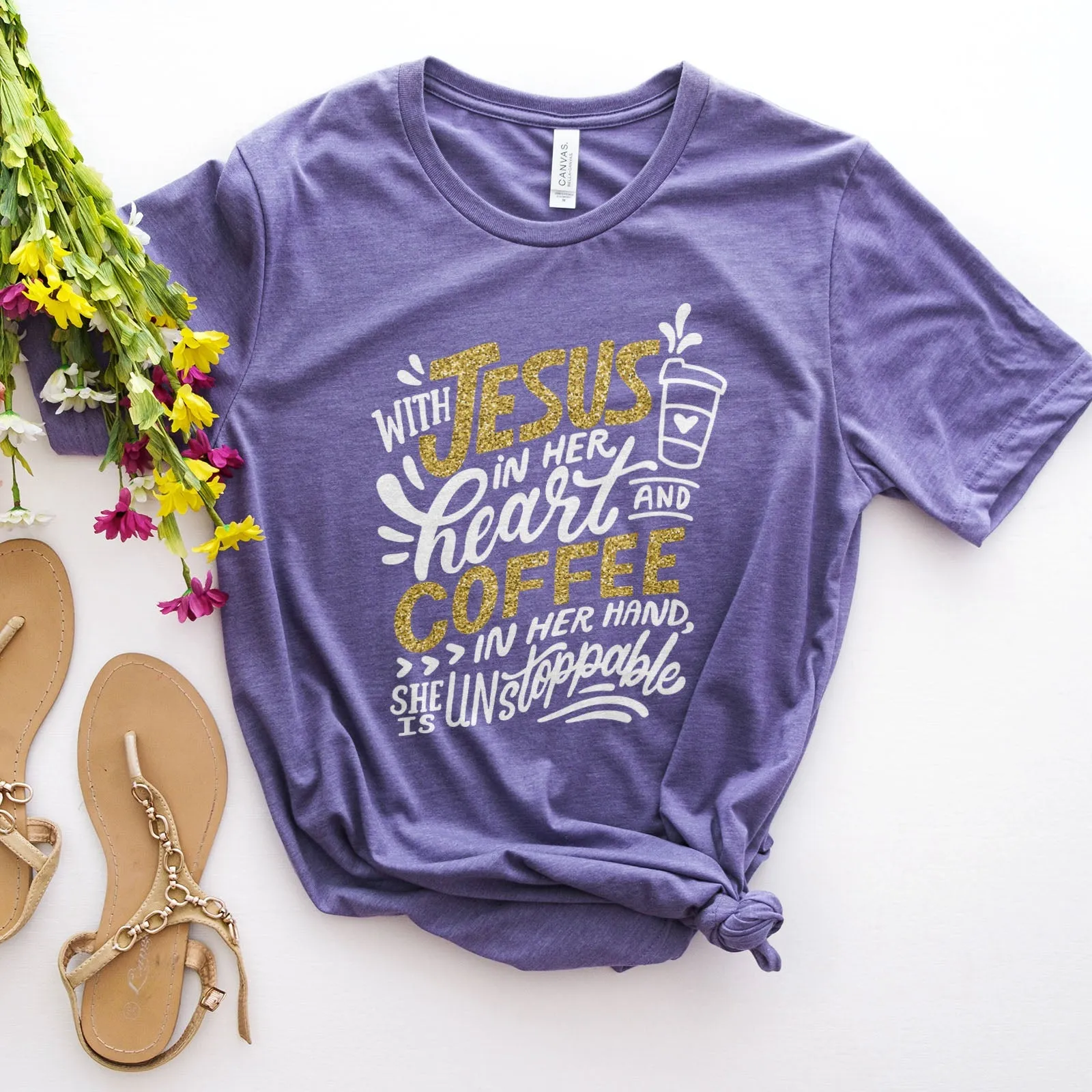 Jesus And Coffee Sparkle Tee Shirts For Women - Christian Shirts for Women - Religious Tee Shirts