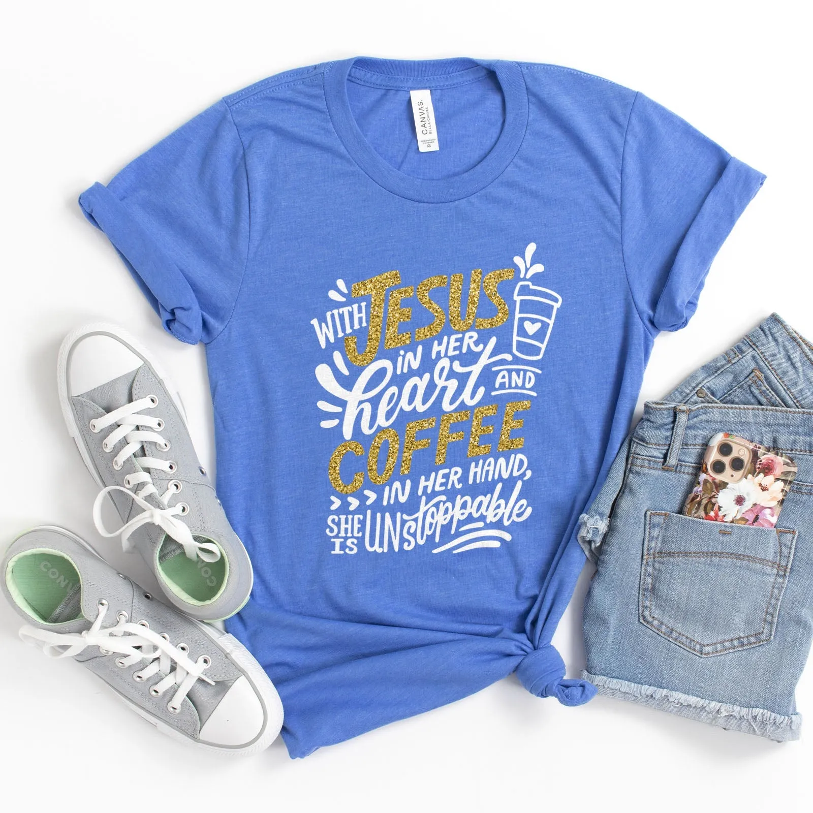 Jesus And Coffee Sparkle Tee Shirts For Women - Christian Shirts for Women - Religious Tee Shirts