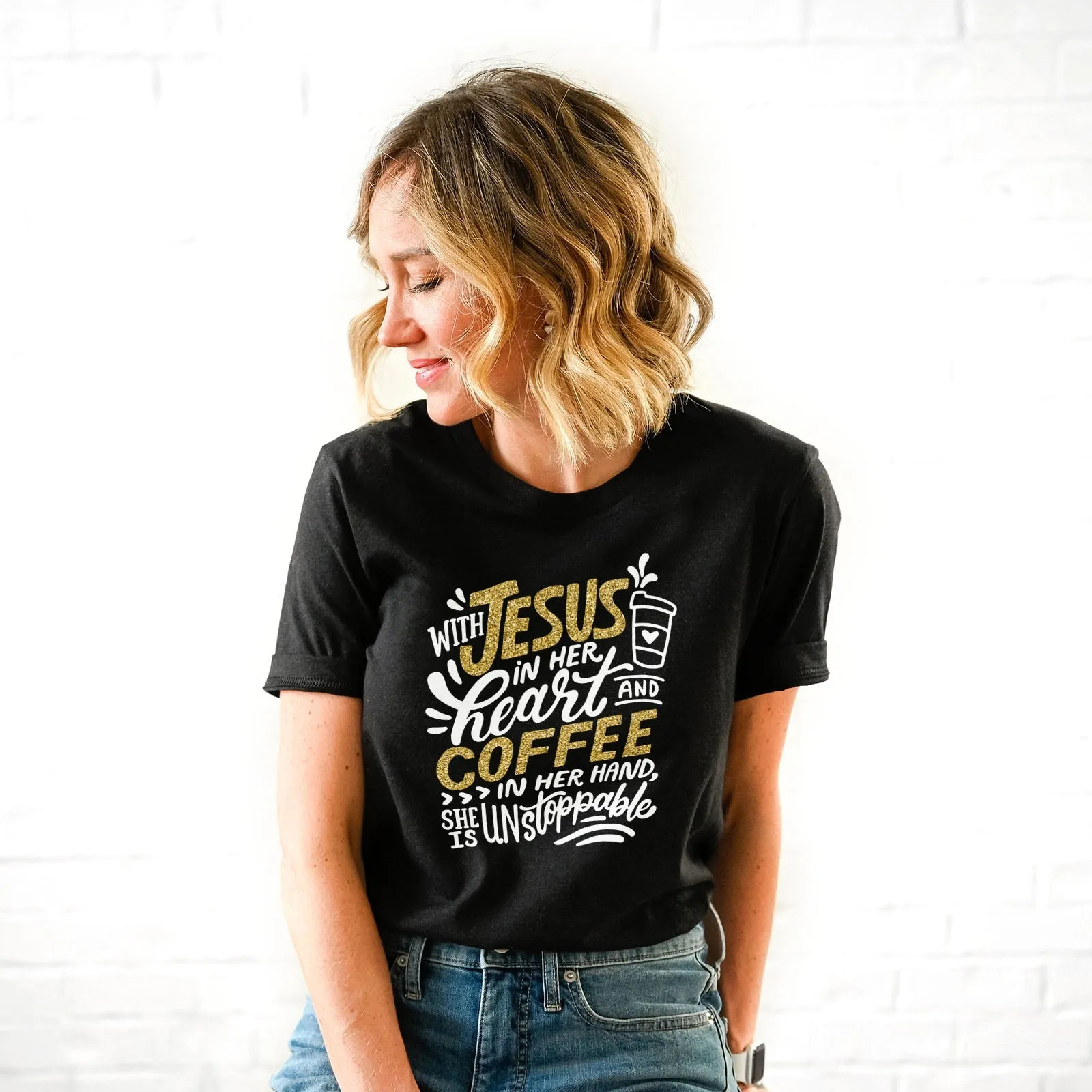 Jesus And Coffee Sparkle Tee Shirts For Women - Christian Shirts for Women - Religious Tee Shirts