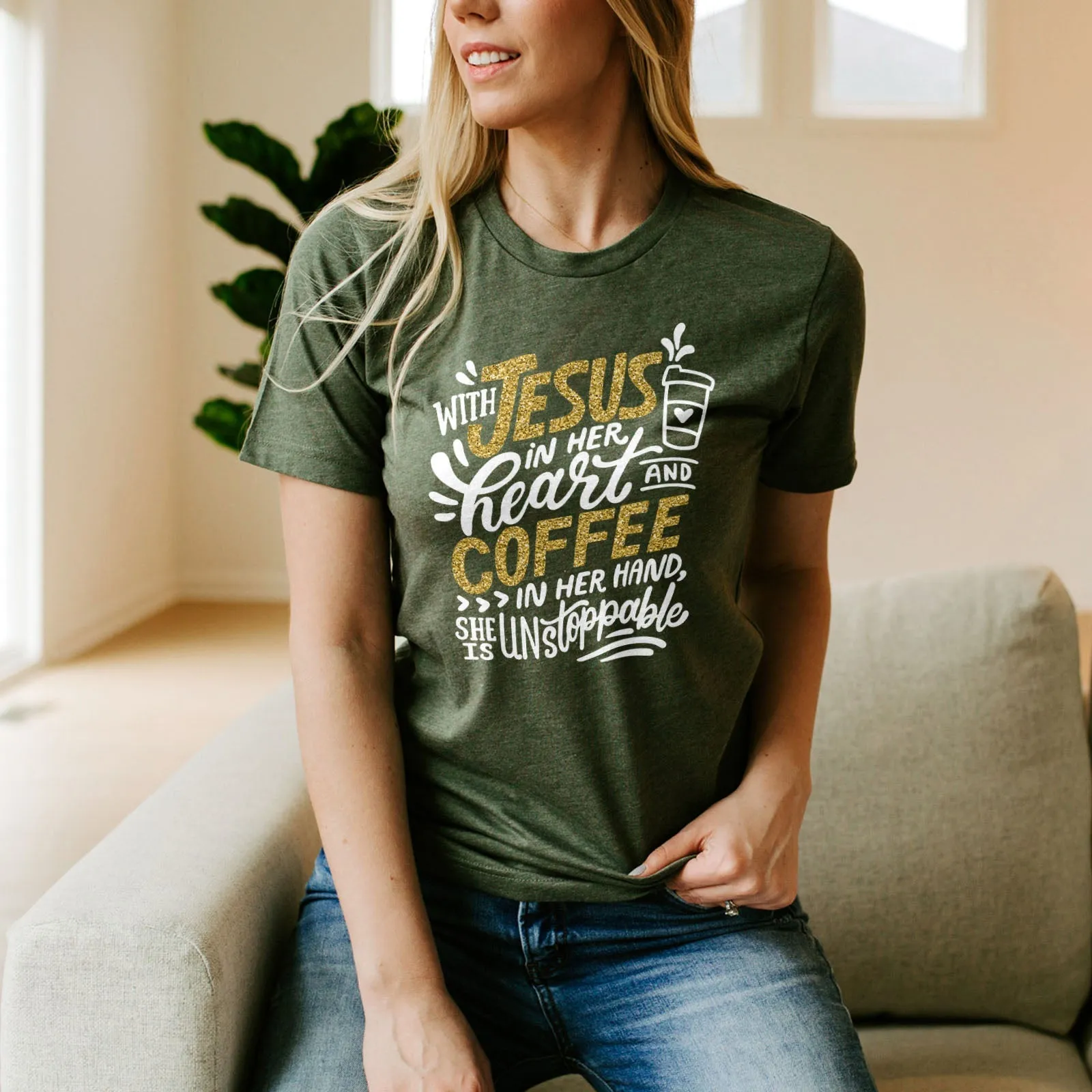 Jesus And Coffee Sparkle Tee Shirts For Women - Christian Shirts for Women - Religious Tee Shirts