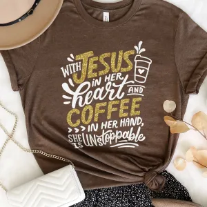 Jesus And Coffee Sparkle Tee Shirts For Women - Christian Shirts for Women - Religious Tee Shirts