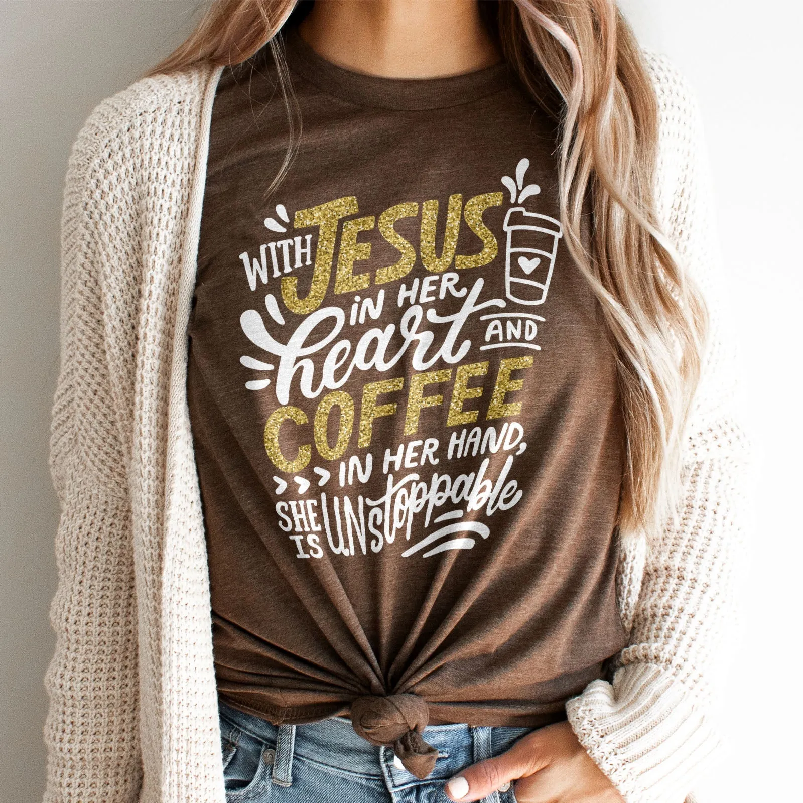 Jesus And Coffee Sparkle Tee Shirts For Women - Christian Shirts for Women - Religious Tee Shirts