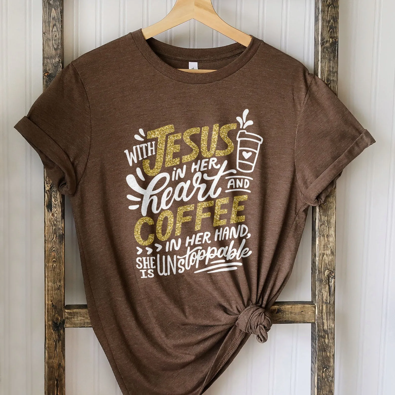 Jesus And Coffee Sparkle Tee Shirts For Women - Christian Shirts for Women - Religious Tee Shirts