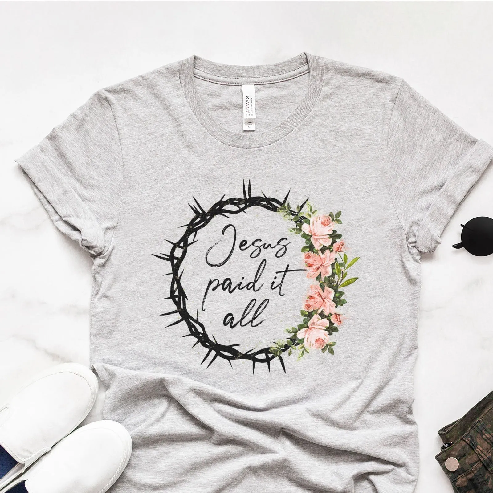 Jesus Paid it All Floral Crown Tee Shirts For Women - Christian Easter T Shirts