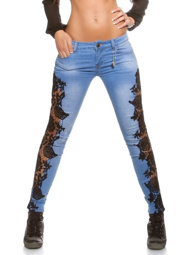 KittenAlarm - Plus Size 3XL Lace Floral Crochet Hollow-Out Jeans Autumn Women Elegant Sexy Denim Pencil