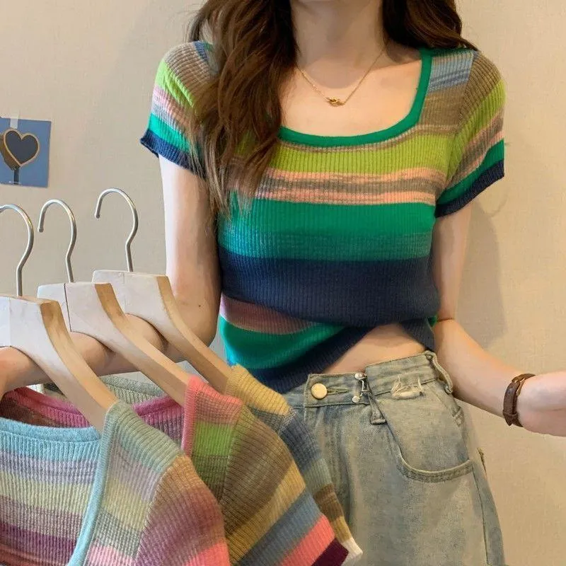 Knitted Slimming Cropped Stripe Slim-Fit Colorful Square Collar Short Sleeve Tee