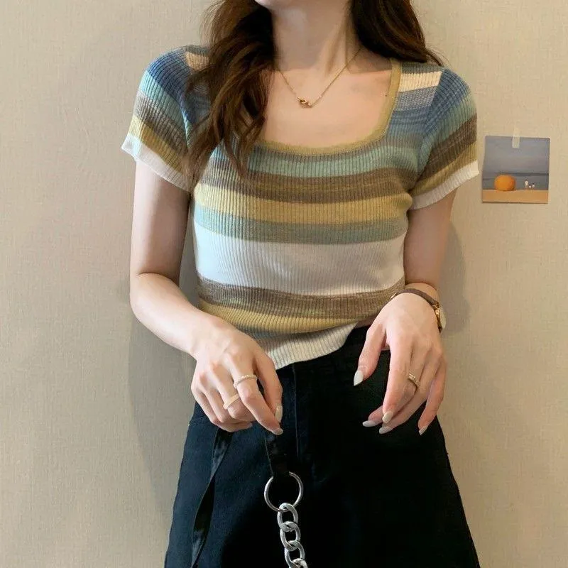 Knitted Slimming Cropped Stripe Slim-Fit Colorful Square Collar Short Sleeve Tee