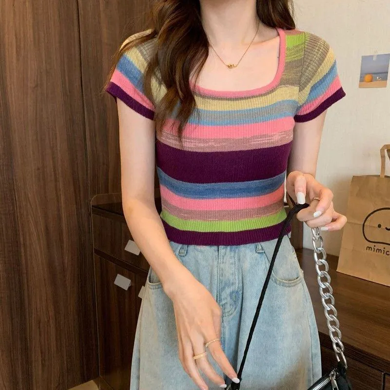 Knitted Slimming Cropped Stripe Slim-Fit Colorful Square Collar Short Sleeve Tee