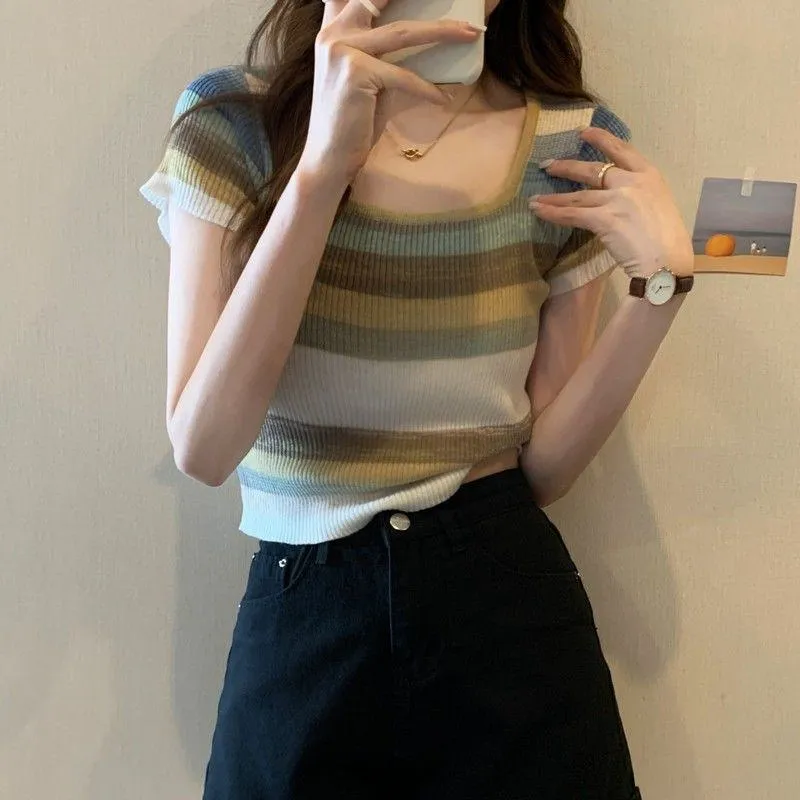 Knitted Slimming Cropped Stripe Slim-Fit Colorful Square Collar Short Sleeve Tee