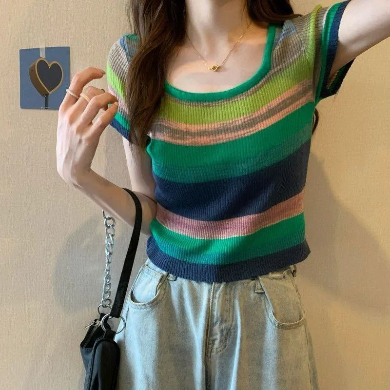 Knitted Slimming Cropped Stripe Slim-Fit Colorful Square Collar Short Sleeve Tee