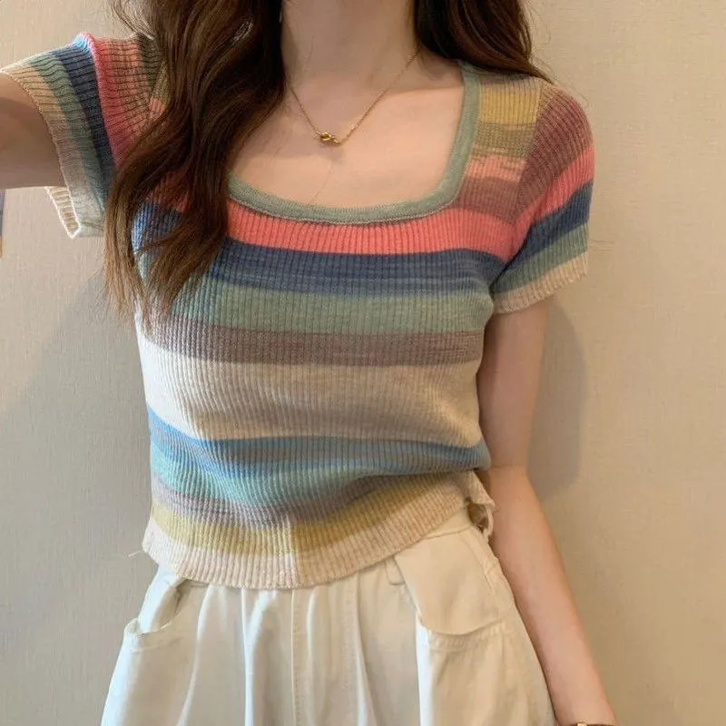 Knitted Slimming Cropped Stripe Slim-Fit Colorful Square Collar Short Sleeve Tee