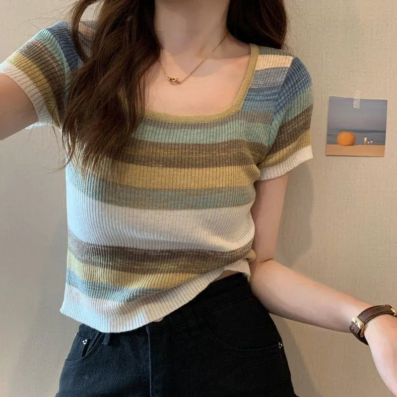 Knitted Slimming Cropped Stripe Slim-Fit Colorful Square Collar Short Sleeve Tee