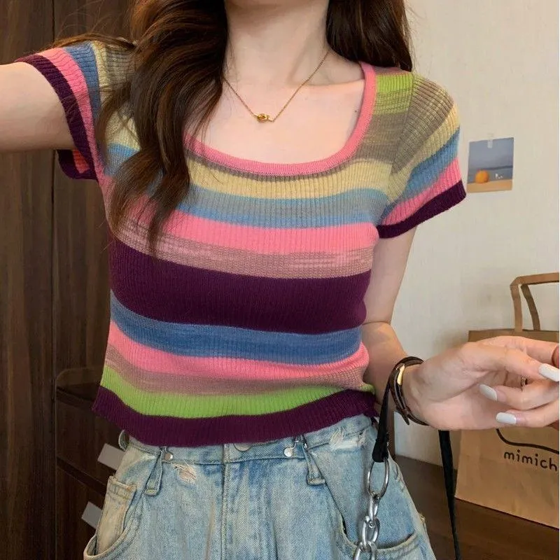 Knitted Slimming Cropped Stripe Slim-Fit Colorful Square Collar Short Sleeve Tee