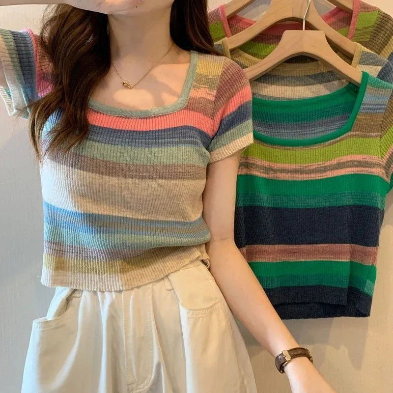 Knitted Slimming Cropped Stripe Slim-Fit Colorful Square Collar Short Sleeve Tee