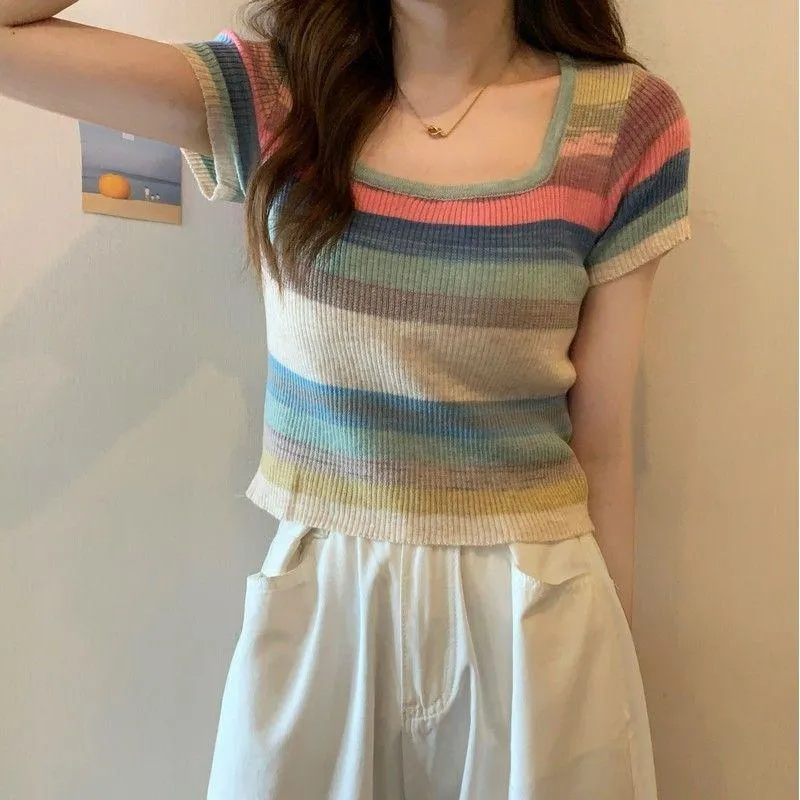 Knitted Slimming Cropped Stripe Slim-Fit Colorful Square Collar Short Sleeve Tee