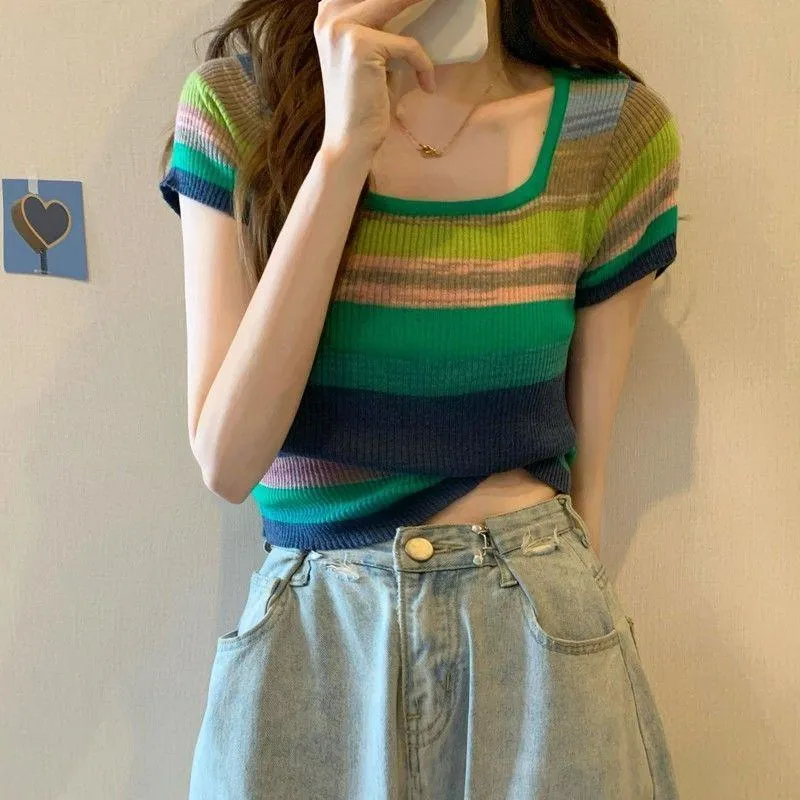 Knitted Slimming Cropped Stripe Slim-Fit Colorful Square Collar Short Sleeve Tee