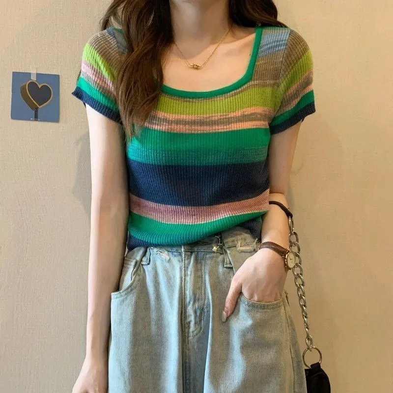 Knitted Slimming Cropped Stripe Slim-Fit Colorful Square Collar Short Sleeve Tee