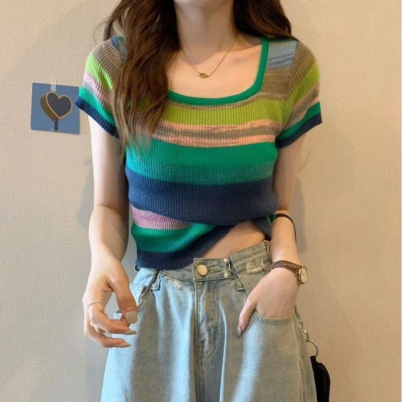 Knitted Slimming Cropped Stripe Slim-Fit Colorful Square Collar Short Sleeve Tee