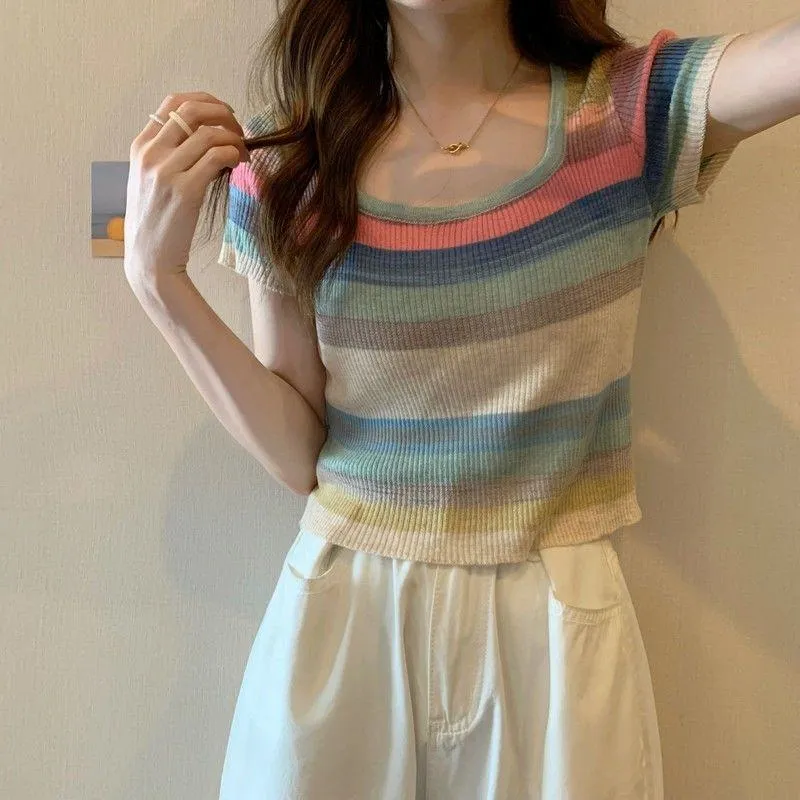 Knitted Slimming Cropped Stripe Slim-Fit Colorful Square Collar Short Sleeve Tee