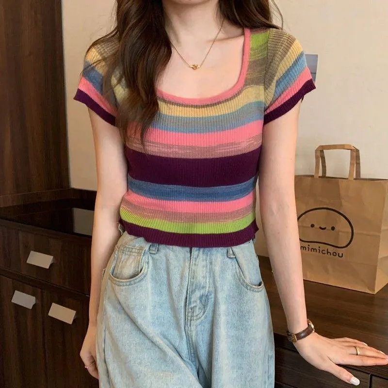 Knitted Slimming Cropped Stripe Slim-Fit Colorful Square Collar Short Sleeve Tee