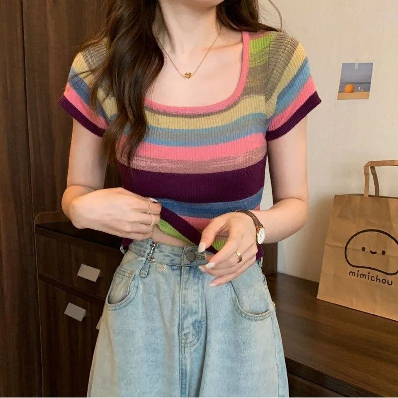 Knitted Slimming Cropped Stripe Slim-Fit Colorful Square Collar Short Sleeve Tee