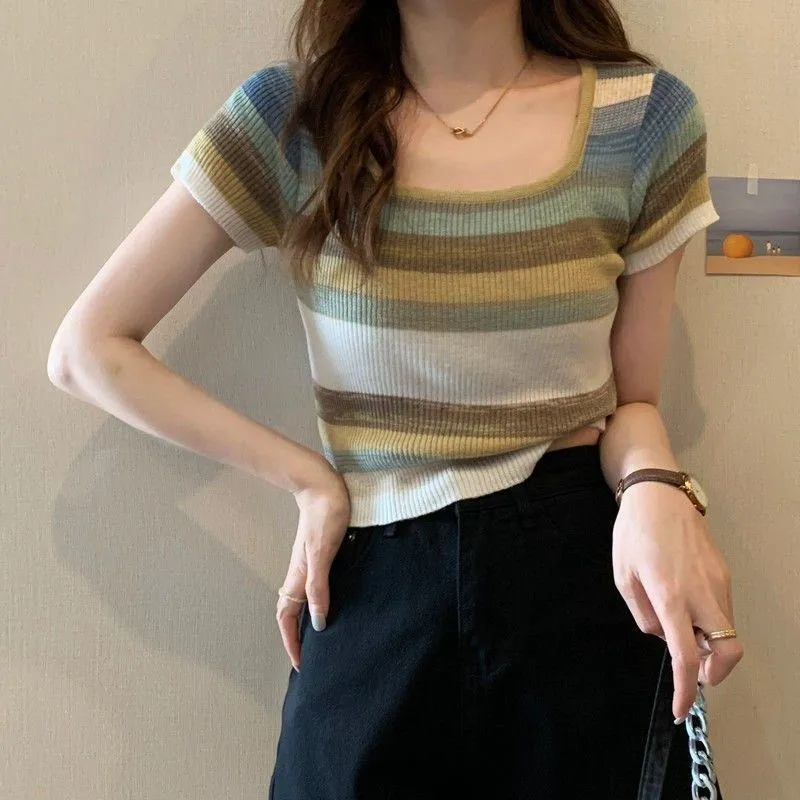 Knitted Slimming Cropped Stripe Slim-Fit Colorful Square Collar Short Sleeve Tee