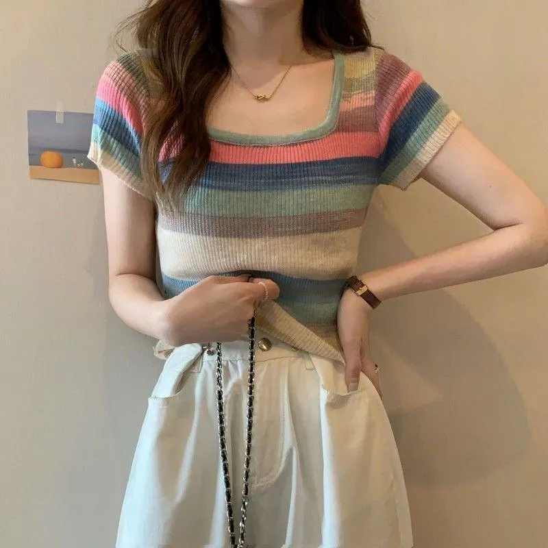 Knitted Slimming Cropped Stripe Slim-Fit Colorful Square Collar Short Sleeve Tee