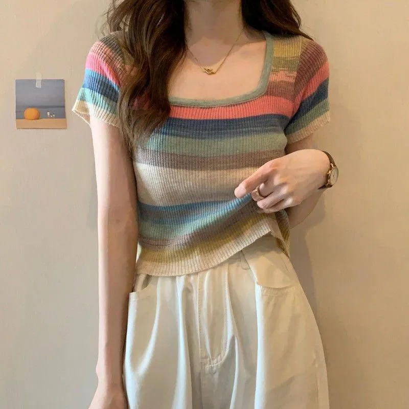 Knitted Slimming Cropped Stripe Slim-Fit Colorful Square Collar Short Sleeve Tee