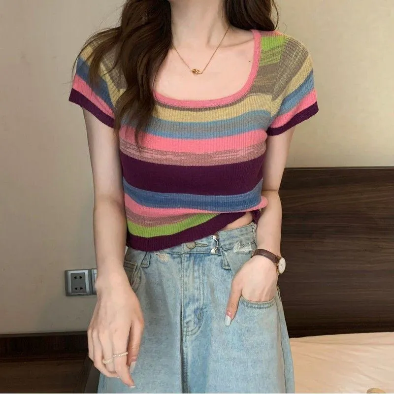 Knitted Slimming Cropped Stripe Slim-Fit Colorful Square Collar Short Sleeve Tee