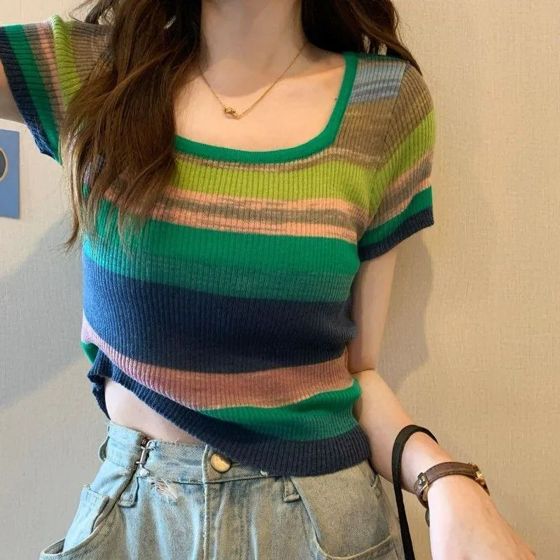 Knitted Slimming Cropped Stripe Slim-Fit Colorful Square Collar Short Sleeve Tee