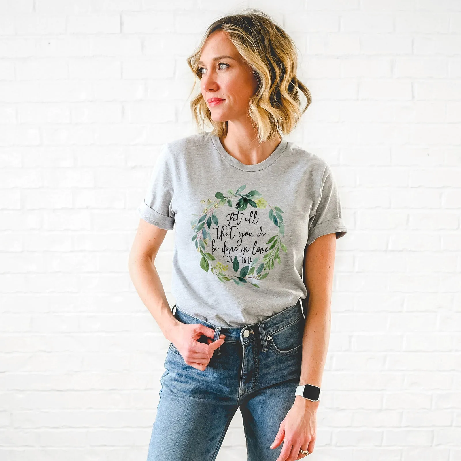 Let All That You Do Be Done With Love 1 Corinthians 16:14 Green Wreath Tee Shirts For Women - Christian Shirts for Women