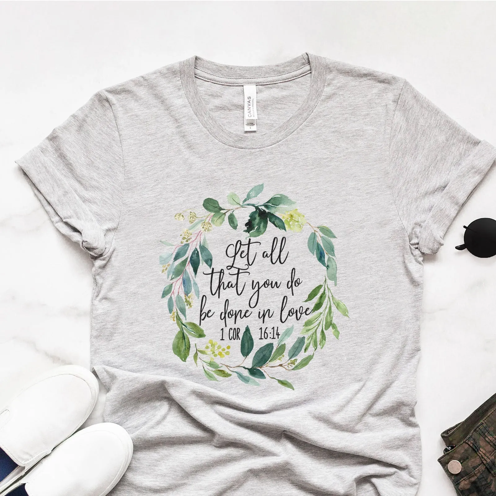 Let All That You Do Be Done With Love 1 Corinthians 16:14 Green Wreath Tee Shirts For Women - Christian Shirts for Women