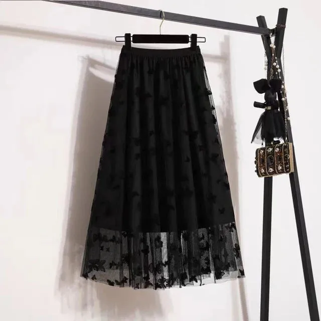 Long Skirt Korean Fashion Harajuku Kawaii Y2k Midi Maxi Tull Skirt Autumn Vintage Elastic High Waist Streetwear Black Skirt