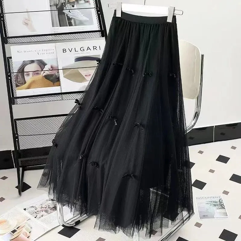 Long Skirt Korean Fashion Harajuku Kawaii Y2k Midi Maxi Tull Skirt Autumn Vintage Elastic High Waist Streetwear Black Skirt