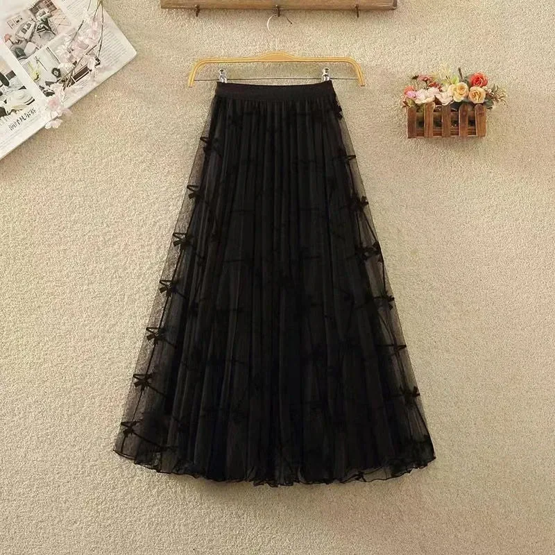 Long Skirt Korean Fashion Harajuku Kawaii Y2k Midi Maxi Tull Skirt Autumn Vintage Elastic High Waist Streetwear Black Skirt