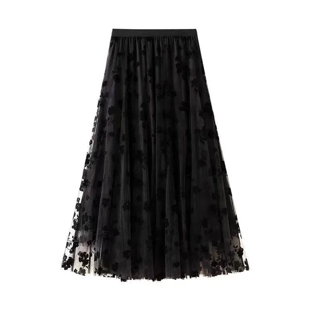 Long Skirt Korean Fashion Harajuku Kawaii Y2k Midi Maxi Tull Skirt Autumn Vintage Elastic High Waist Streetwear Black Skirt