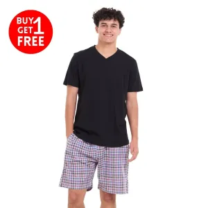 Men summer pajama set Black T-shirt  Black x Dark purple Checkered shorts