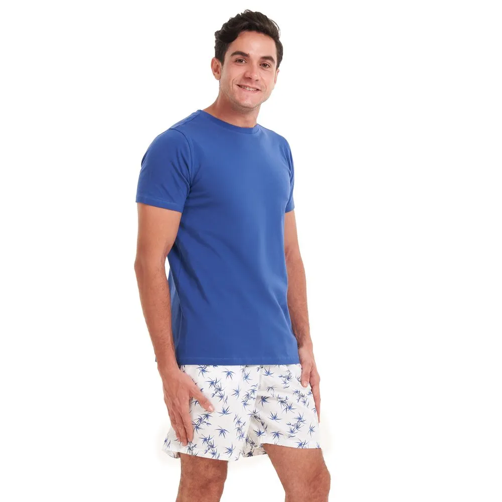 Men summer pajama set Indigo T-shirt   Dark blue leaves shorts