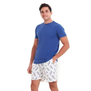 Men summer pajama set Indigo T-shirt   Dark blue leaves shorts