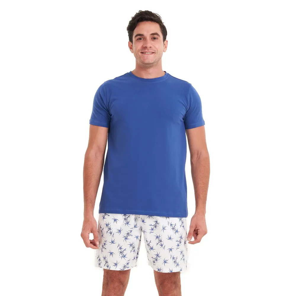 Men summer pajama set Indigo T-shirt   Dark blue leaves shorts