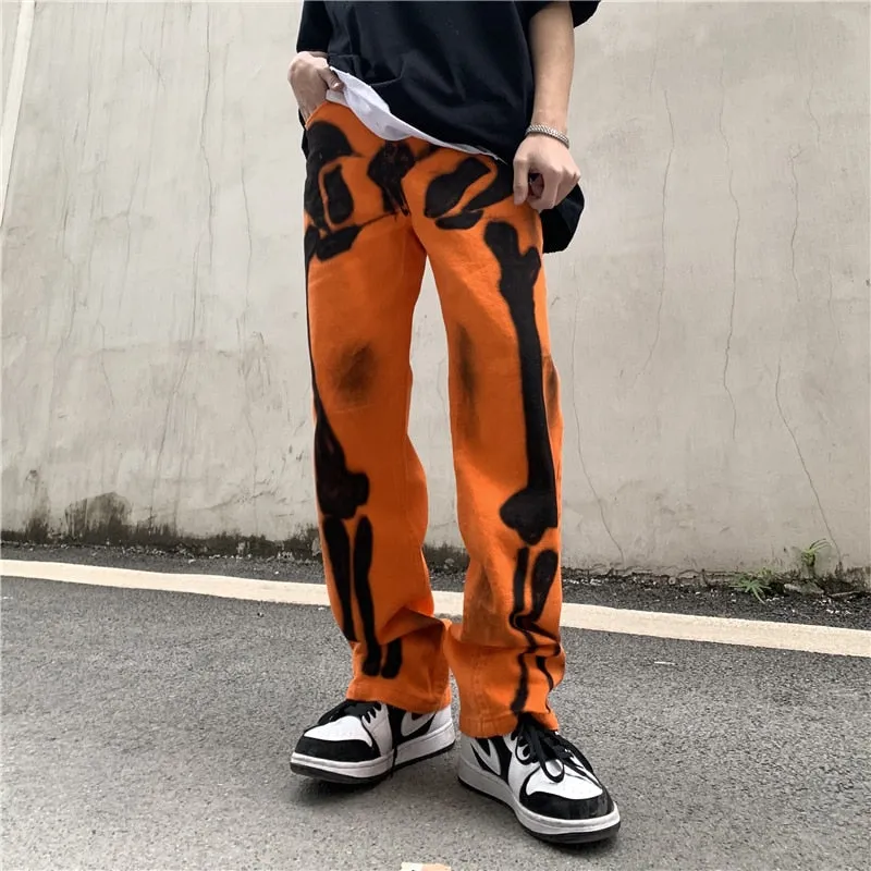 Original Graffiti Skull Print Ripped Jeans for Men Straight Oversize Casual Denim Trousers High Street Loose Distresses Pants