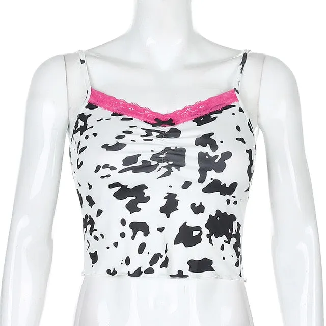 Patchwork Lace Edge Cow Print Cute Crop Top Sexy Party Clubwear V Neck Sleeveless