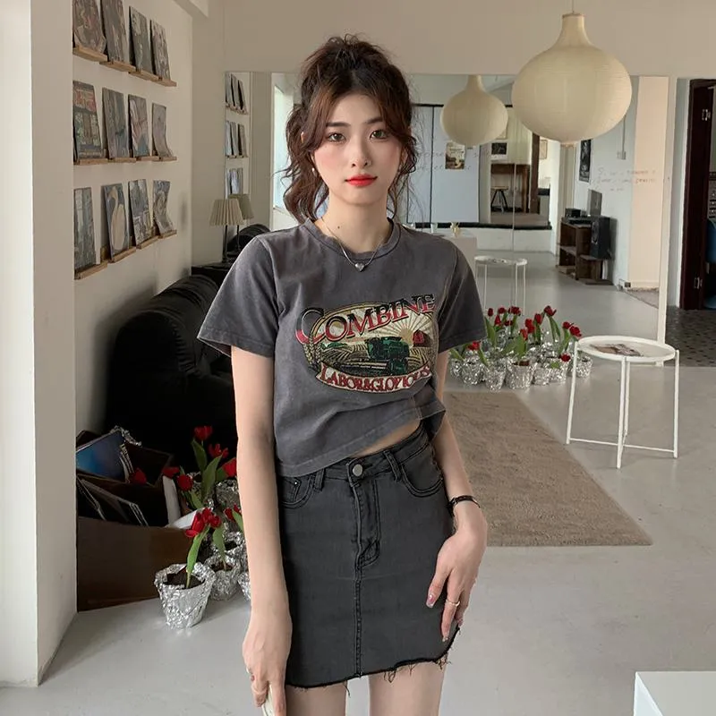 Round Neck Print Lycra Retro Cropped Slim-Fit Short Sleeve Tee