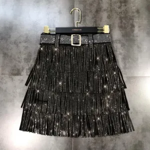 Skirt high waist belt multi-layer heavy rhinestone drilling