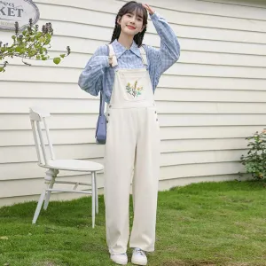 Slimming Embroidery Loose Fit Washed Denim Overalls